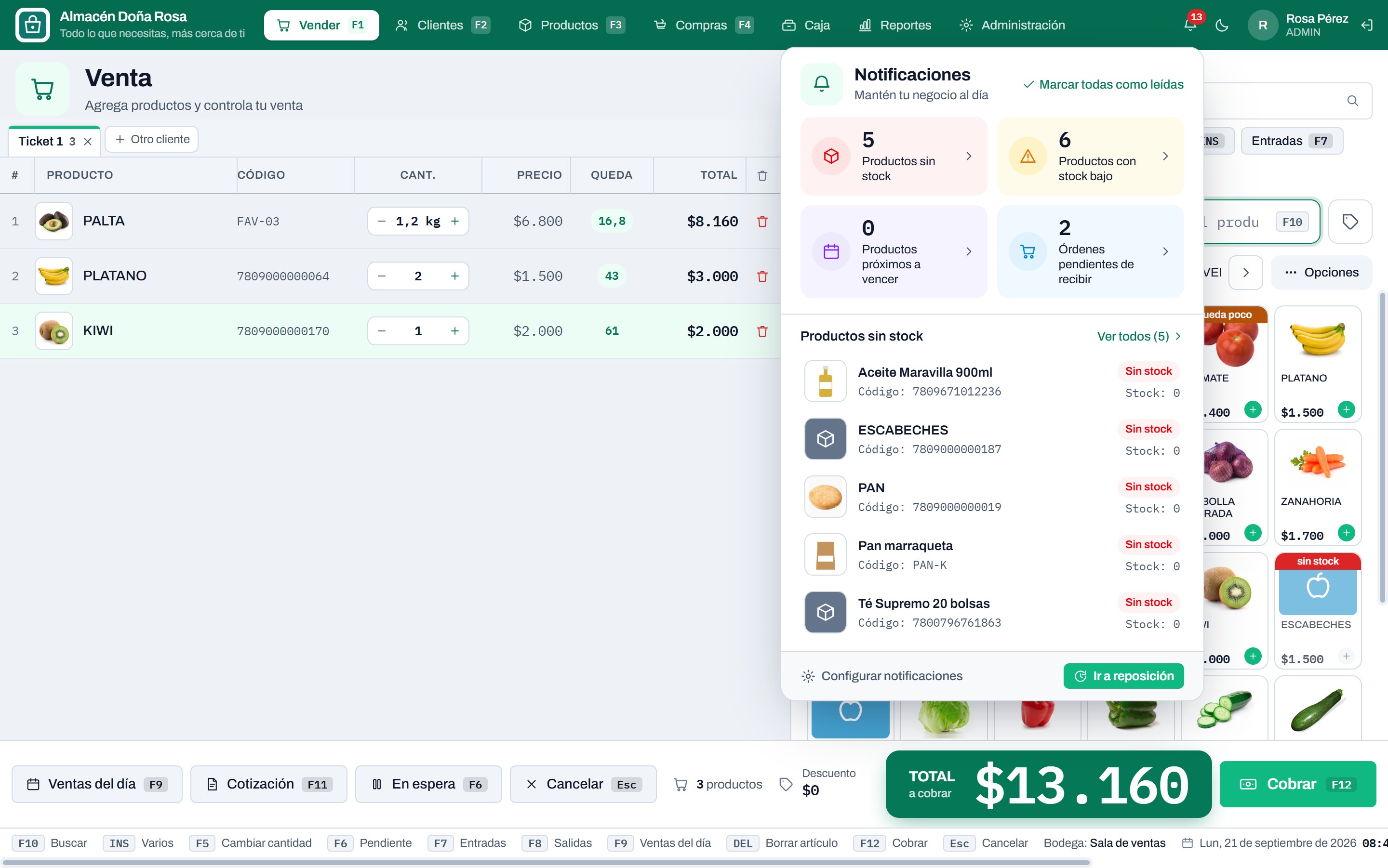 El panel de notificaciones abierto sobre la venta
