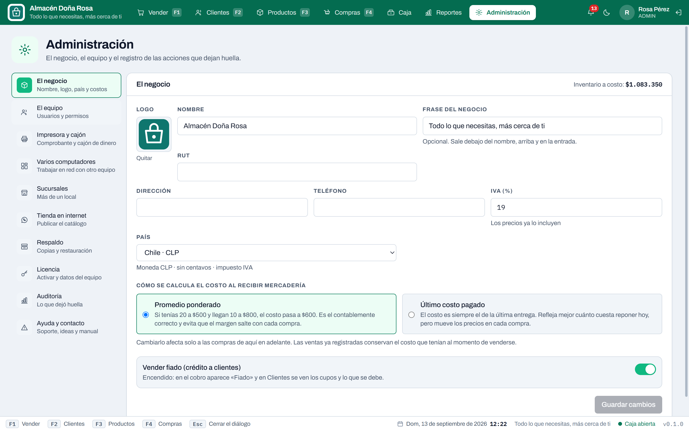 Administración, ordenada por temas: el negocio, el equipo, el hardware, la red y la licencia.
