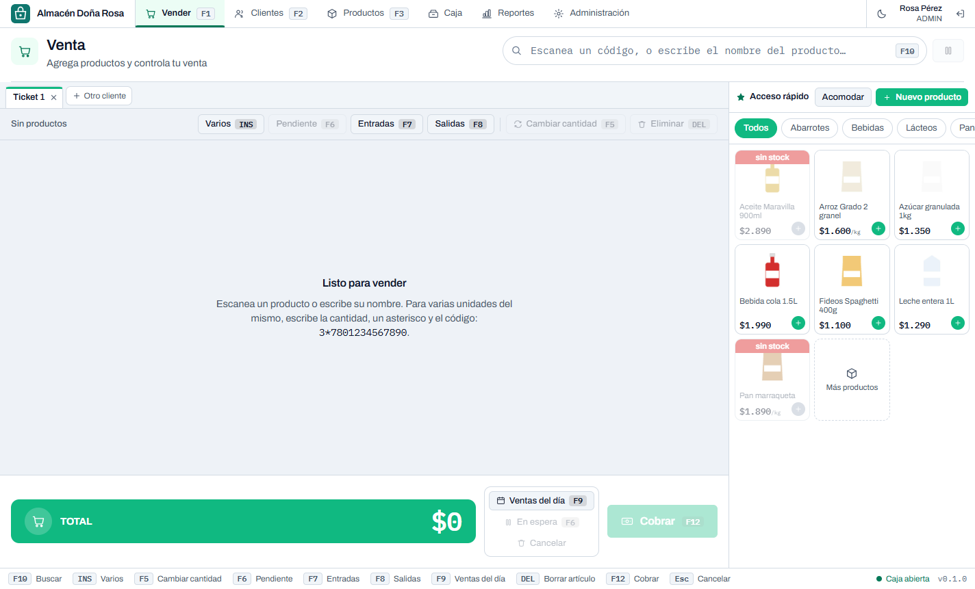 Ventas del día: la lista a la izquierda y el ticket, con la misma forma que sale impreso, a la derecha.